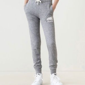 Grey salt and pepper roots sweatpants with white logo women xs